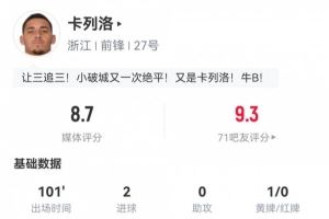 上下半场均读秒破门！卡列洛数据：7射4正2进球，8.7分全场最高