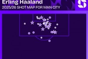 高效！哈兰德本赛季射门36次打进11球，平均每3.3脚射门进1球